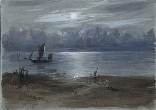 River Scene: Moonlight - A Sketch, by Thomas Faed, watercolor, 1850