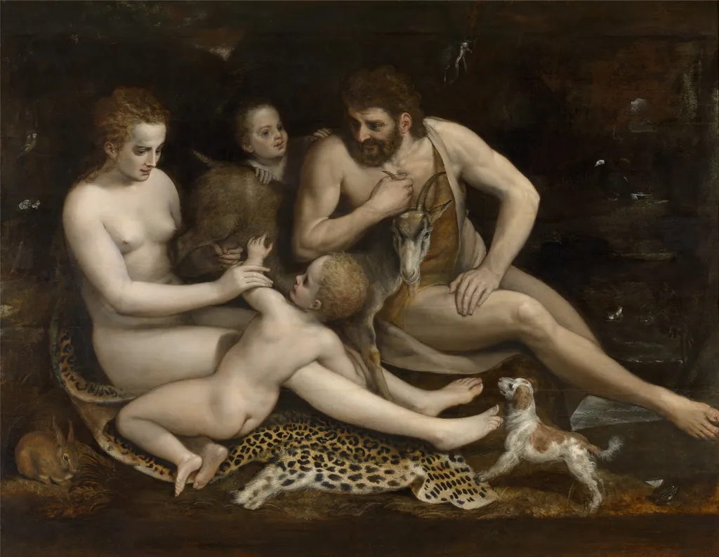 Adam and Eve and their Children, by Frans Floris, oil, 1554