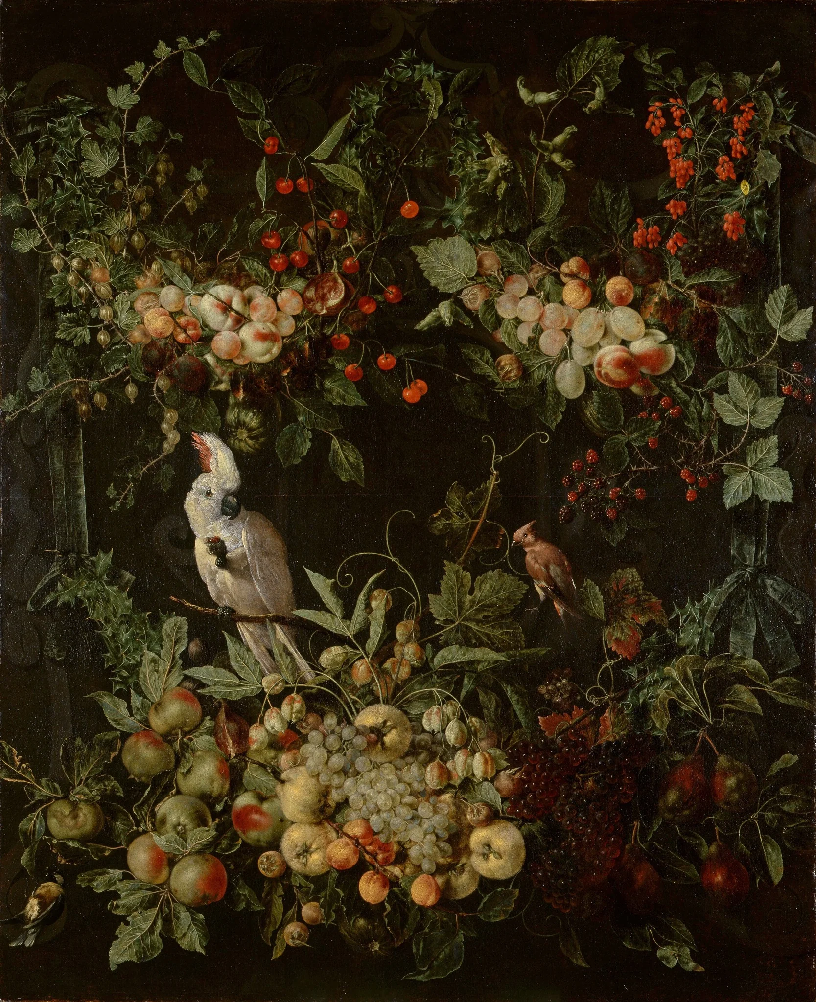 Swags of fruit and flowers surrounding a cartouche with a sulphur-crested cockatoo, detail