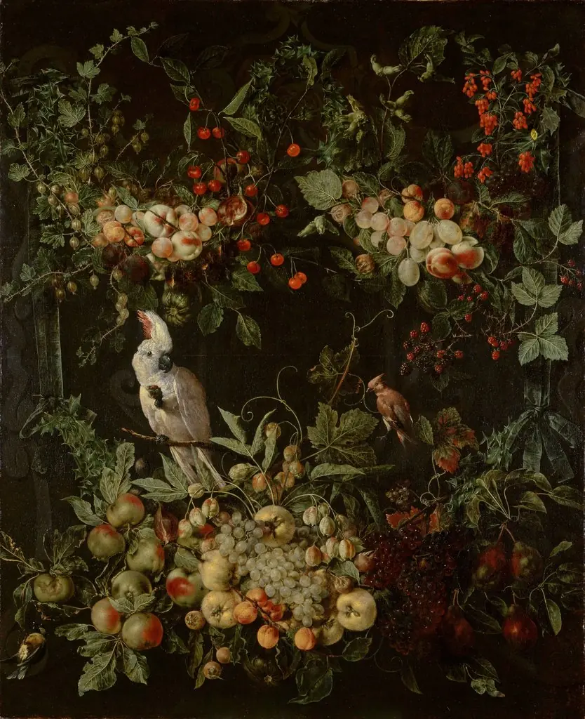 Swags of fruit and flowers surrounding a cartouche with a sulphur-crested cockatoo, by 'the other' Jan van Kessel, oil, 1647