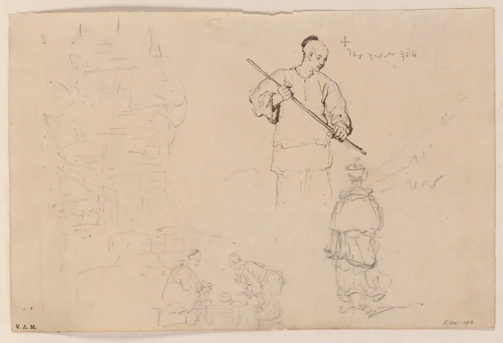 Sketches of figures, including a Chinese man with a pole, by George Chinnery, 8