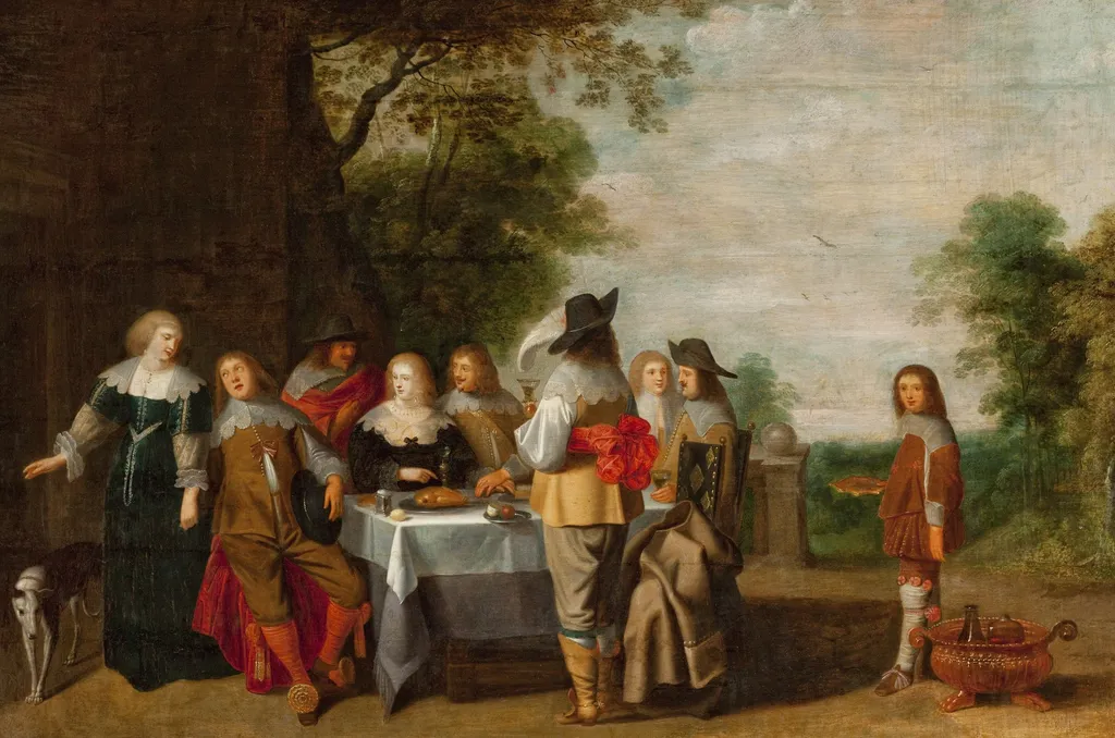 Company at the Table in a Park, by Christoffel Jacobsz van der Laemen, unspecified, 1639