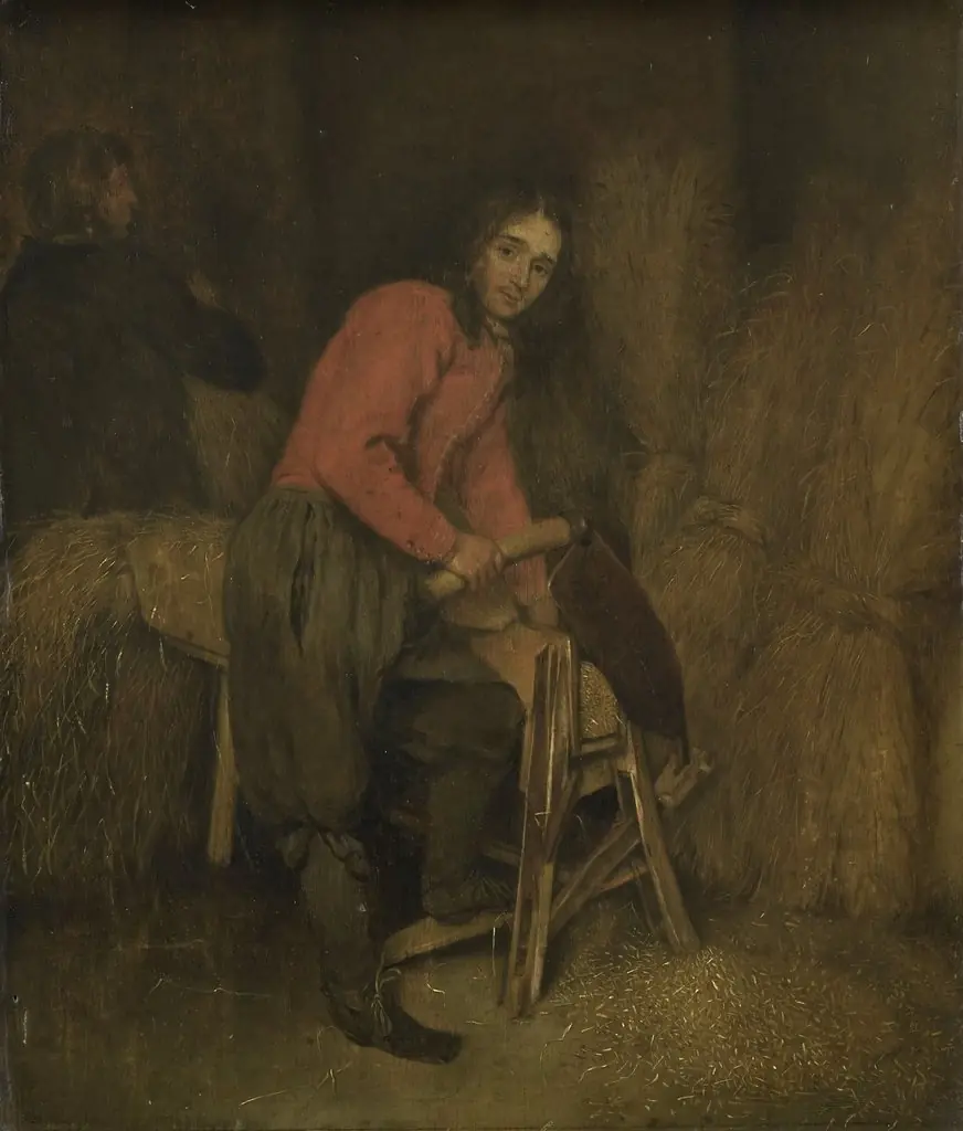 Trimming bales of hay, by Caspar Netscher, oil, 1672