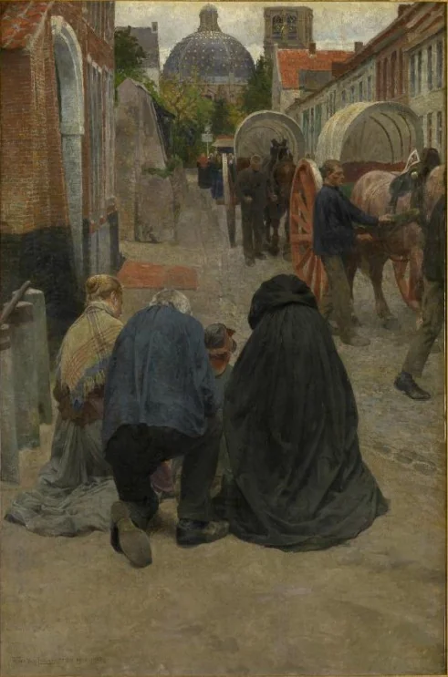 Candle procession in Scherpenheuvel (right panel} - Pilgrims arrive at the church, detail