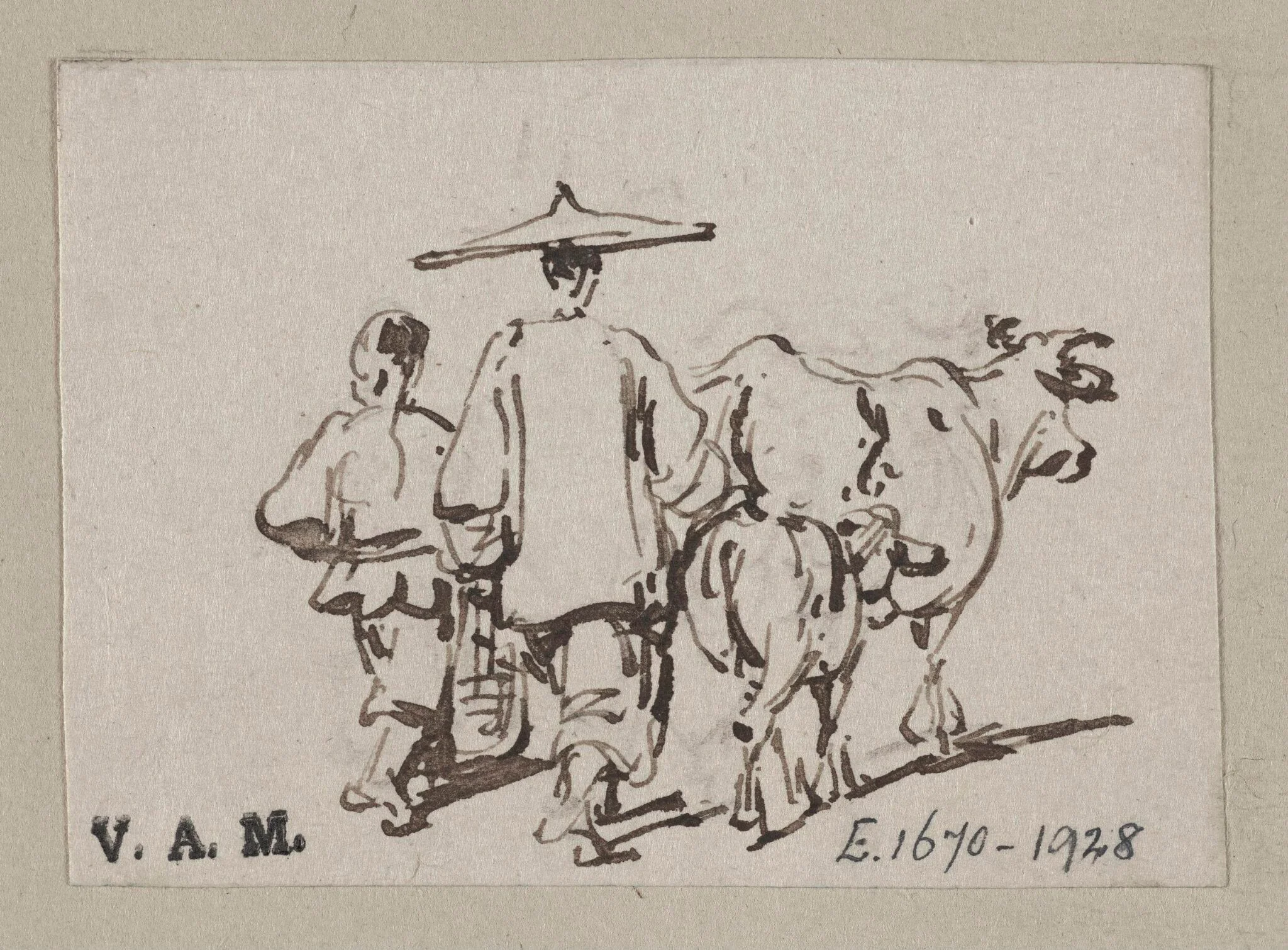 A man and a boy driving cattle, detail