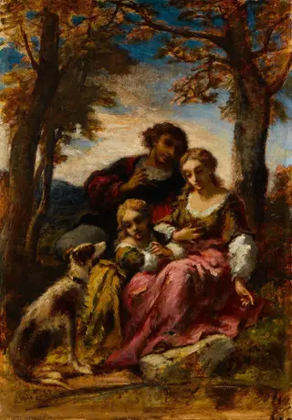 Figures and a Dog in a Landscape, by Narcisse Virgilio Díaz, oil, 1852