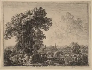 Landscape with Horseman and Three Travelers, by Gilles Neyts, ink, 1655