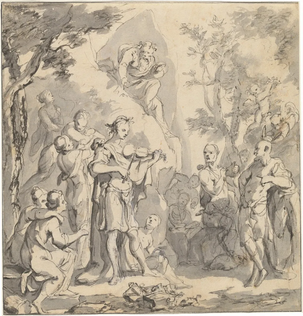 The Contest between Apollo and Pan before King Midas, by Johann Spillenberger, ink, 1670