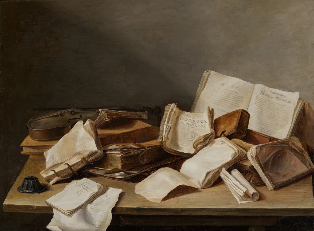 Still-Life of Books, by Jan Davidsz. de Heem, oil, 1628