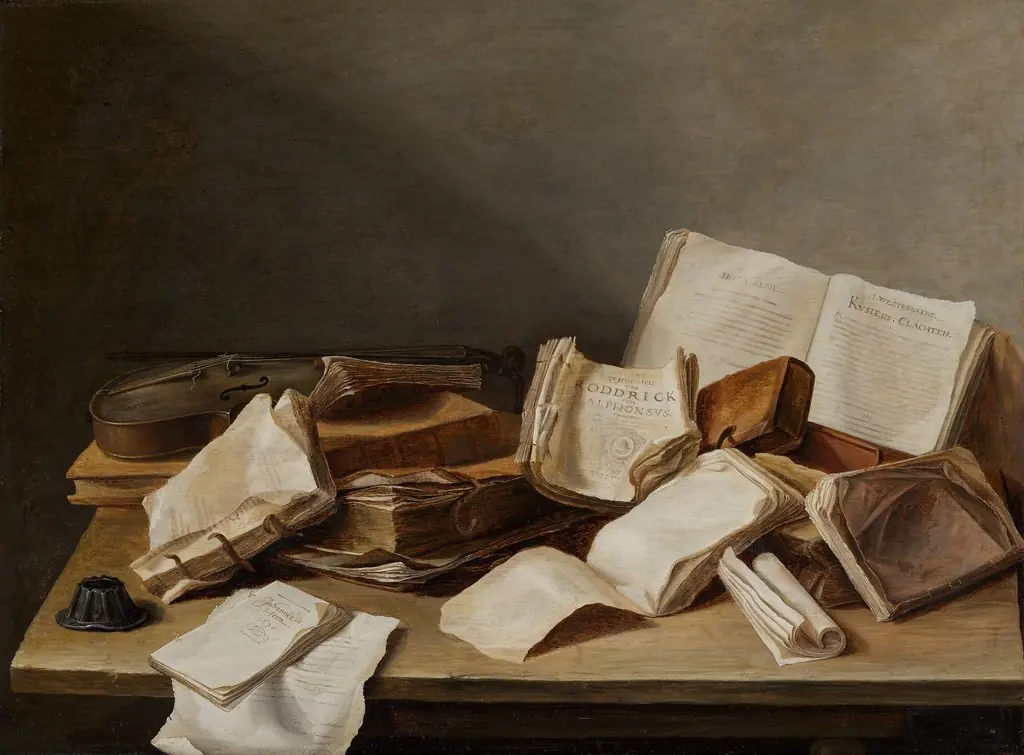 Still-Life of Books, by Jan Davidsz. de Heem, oil, 1628