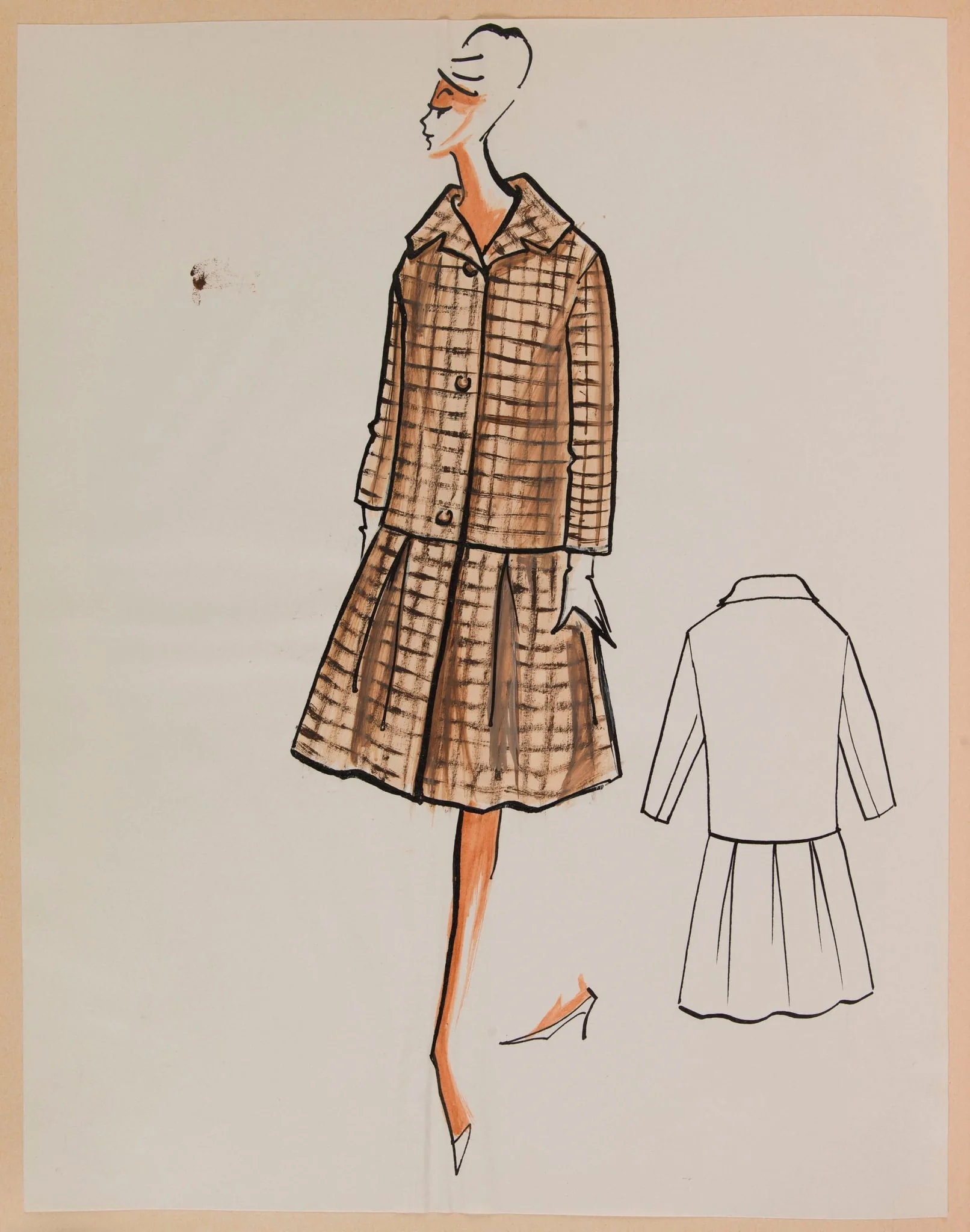 Tailleur marron à veste coupe droite et jupe évasée, detail