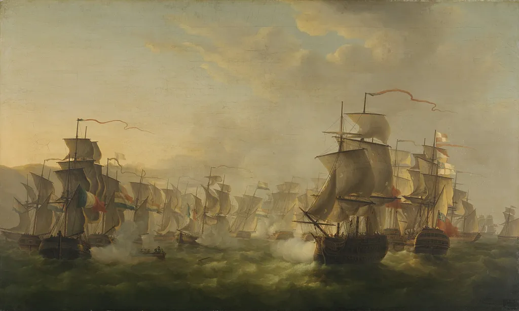 The Encounter of the Dutch and the English Fleet during the Voyage of the Dutch Flotilla to Boulogne, 1805, by Martinus Schouman, oil, 1806