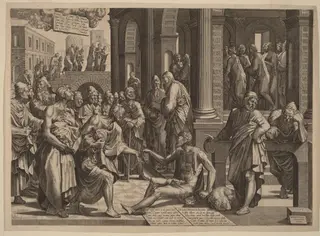 Apostles Peter and John Healing the Paralytic, by Lambert Suavius, ink, 1553