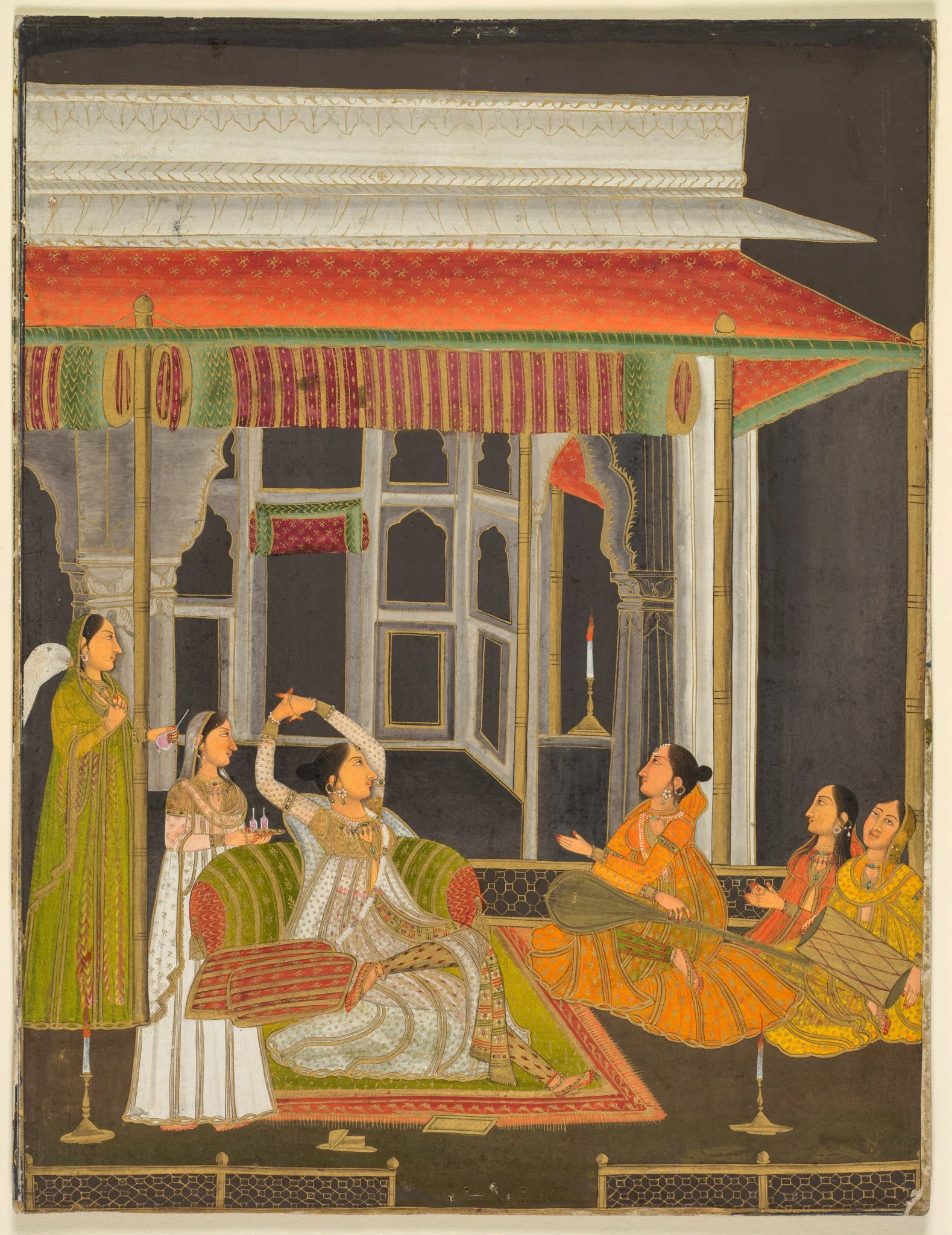 A princess on a terrace with attendants at night (recto); Calligraphy (verso), detail