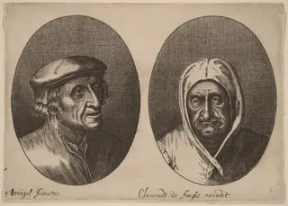 Heads of a Peasant Man and Woman, by Adriaen Brouwer, ink, 1622