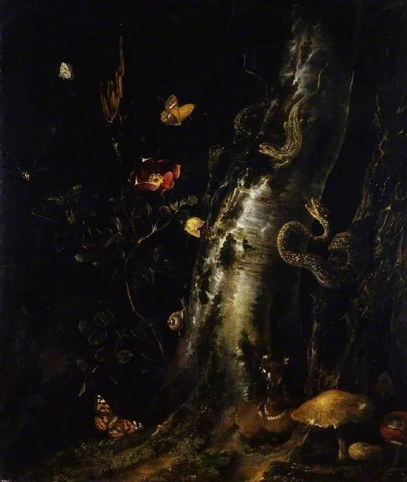 Silver birch trunk and branch with rose, lizards, a snake, toadstools, butterflies and a snail, detail