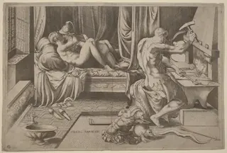 Venus and Mars Embracing with Vulcan at his Forge, by Enea Vico, ink, 1543