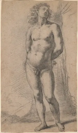 Study of a Standing Male Nude: Saint Sebastian, by Jacopo Confortini, chalk, 1601