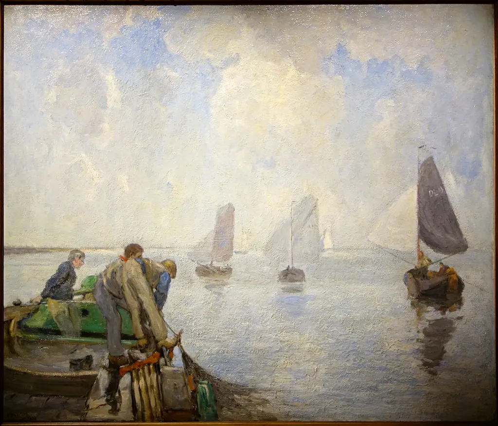 Shrimpers on the Lower Scheldt, by Richard Baseleer, oil, 1904