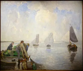 Shrimpers on the Lower Scheldt, by Richard Baseleer, oil, 1904