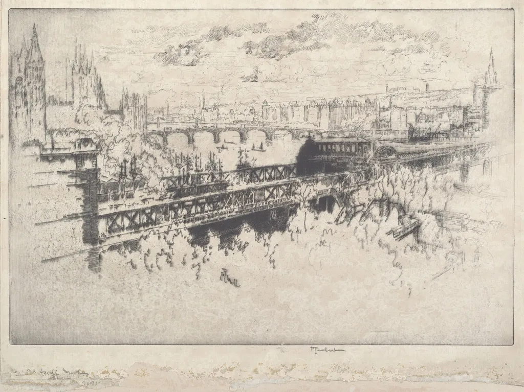 London over Charing Cross Bridge, by Joseph Pennell, ink, 1910