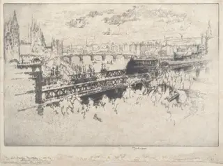 London over Charing Cross Bridge, by Joseph Pennell, ink, 1910