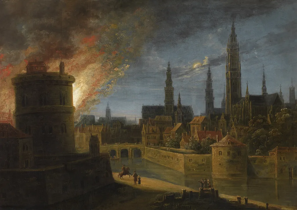 Fire in Antwerp, by Daniel van Heil, oil, 1650