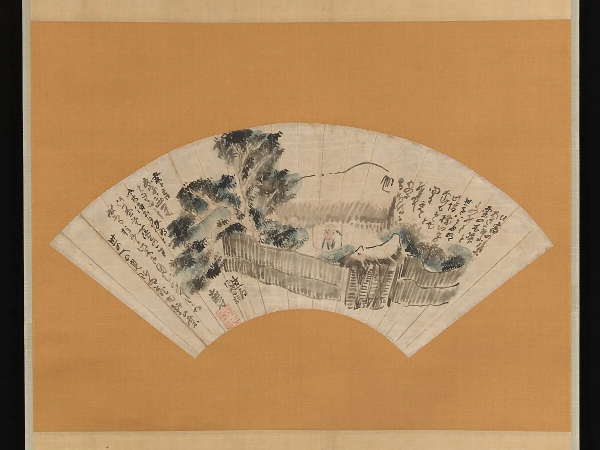 与謝蕪村筆 奥の細道図扇面|Scene from The Narrow Road to the Deep North, detail