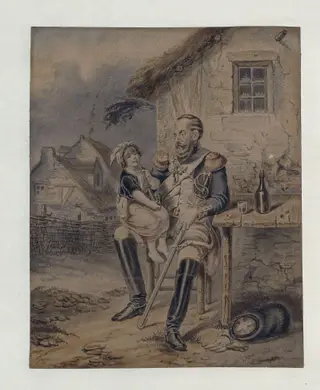 Child seated on the knee of a soldier, by Hippolyte Bellangé, watercolor, 1850