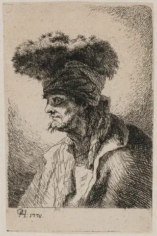 Oriental with a Fur Hat, Looking Left, by Paul Haubenstricker, ink, 1775