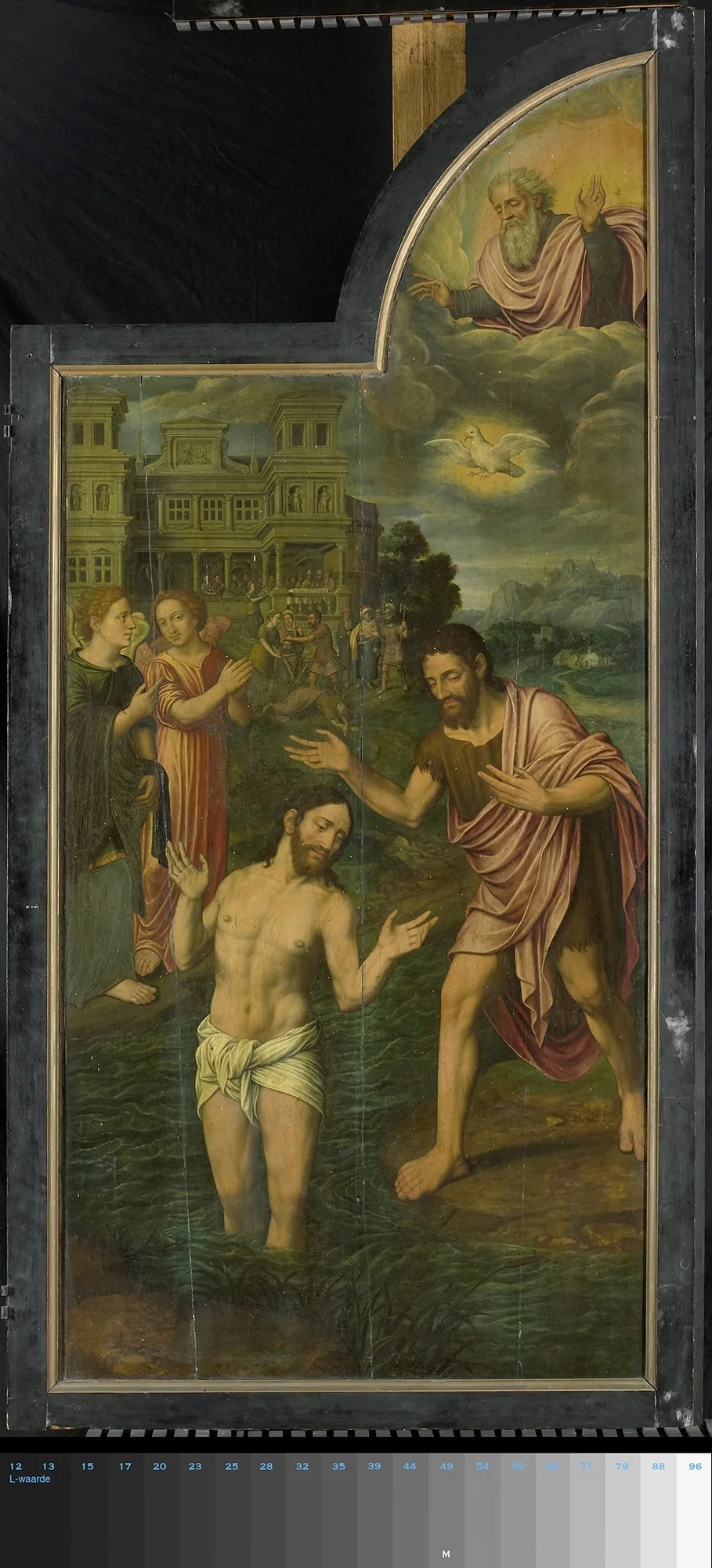 De doop van Christus in de Jordaan, rechter paneel van een drieluik (open), detail