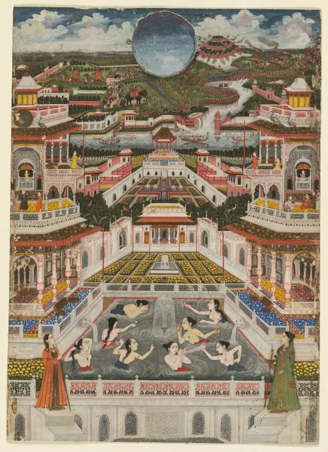 Women bathing before an architectural panorama, by Faizullah, unspecified, 1765