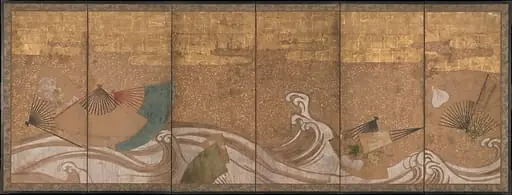 波に扇面流し図屏風|Fans upon Waves, 1650