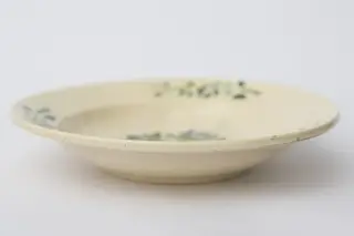 Farfurie de formă tronconică ce prezintă două registre ornamentale, unul plasat de jur împrejurul buzei cu motive florale. Al doilea registru plasat în centru cu motive deasemenea florale. La posterior, baza inelară perforată pentru atârnare. Cromatică: fond: crem; motive: verde; albastru.