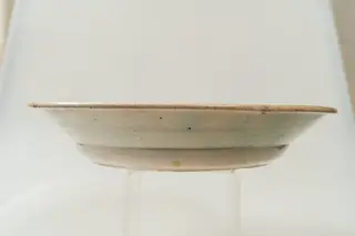 Farfurie mare, adâncă, cu buza răsfrântă. Decorul, dispus pe un fond alb lăptos, fin realizat prin pictare cu pensula, este format din motive vegetale stilizate, dispuse într-un registru central, pe fundul farfuriei (format din două flori, una galbenă și cealaltă albastră, cu petale alungite, împreună cu frunze și elemente vegetale de culoare albastru-turcoaz și maro-brun) și pe buza farfuriei, într-un registru continuu (grupuri de puncte de culoare albastră, galben-ocru, albastru-turcoaz; cercuri maro-brun, linii subțiri sub formă de arc) sugerând o ghirlandă de flori și elemente vegetale. Cromatica: alb, albastru-turcoaz, maro-brun, albastru, galben-ocru., 1850