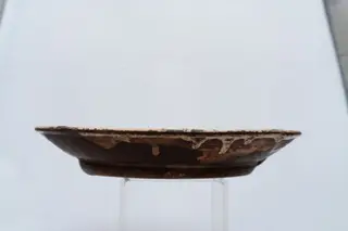 Farfurie semi-adâncă, cu buza lată evazată; este acoperită pe suprafața interioară cu un strat de angobă albă, peste care este pictat cu cornul și cu pensula decorul format din motive florale și geometrice, realizate cu contur din linii fine maro: central pe fundul farfuriei, încadrat într-un cerc dublu albastru, este pictat un buchet format dintr-o floare centrală maro, o floare galbenă cu petale lungi, doi boboci galbeni și frunze verzi. Registrul decorativ marginal, încadrat între două cercuri duble albastre, se compune din trei boboci galbeni de lalea cu frunze verzi, între care se găsește câte un mic motiv format din linii hașurate intersectat de culoare maro. Suprafața ornamentată a farfuriei este acoperită cu un strat de smalț transparent. Cromatica: alb, galben, verde, maro, albastru.
