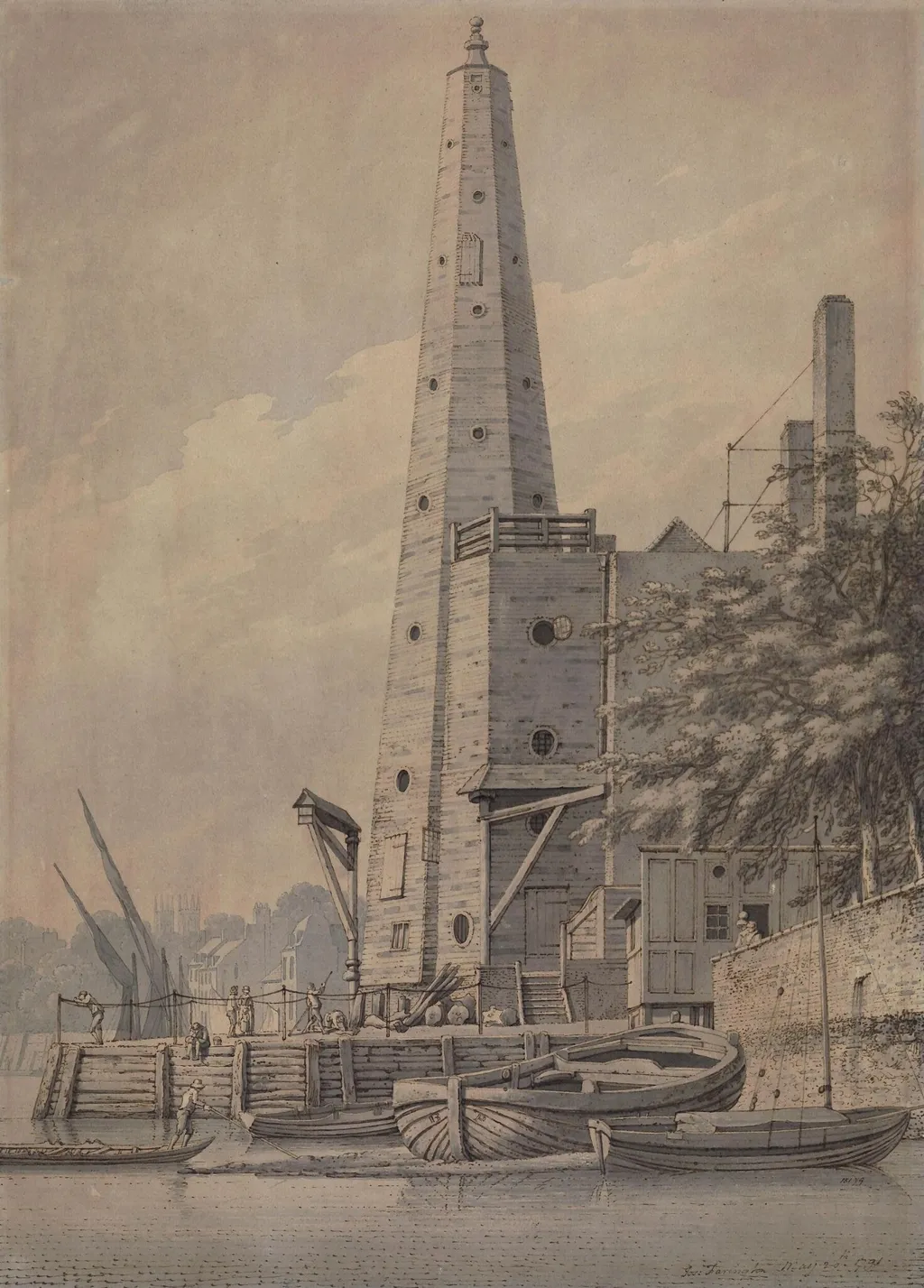 Old water tower at York Buildings, Whitehall, by Farington, 1791