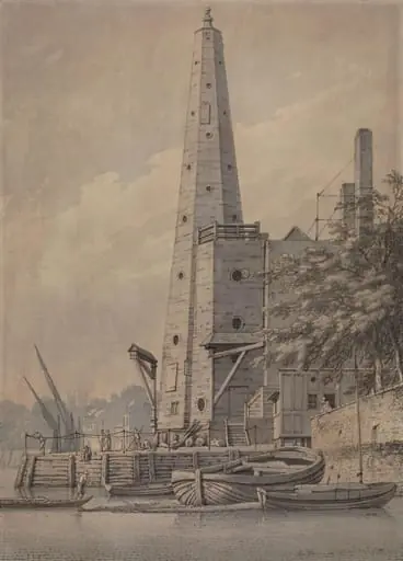 Old water tower at York Buildings, Whitehall, by Farington