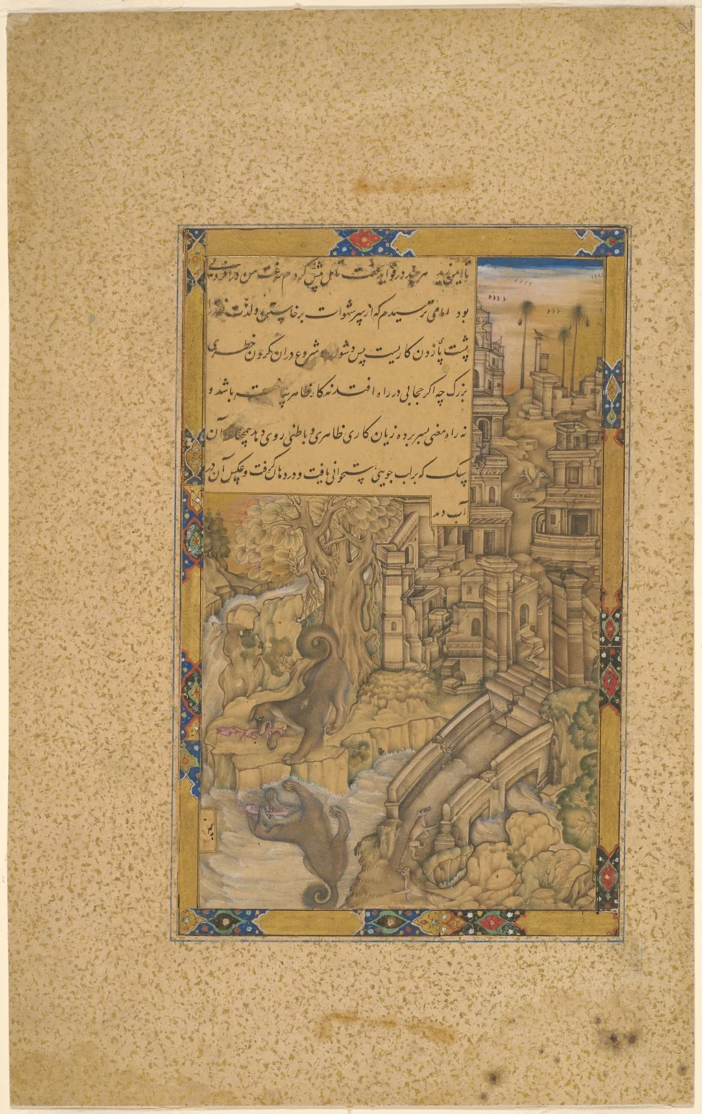 The Greedy Dog, from a lost manuscript based on the Anwar-i Suhayli or the Iyar-i Danish, by Farrukh Chela, unspecified, 1594