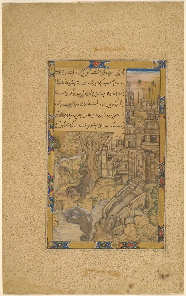 The Greedy Dog, from a lost manuscript based on the Anwar-i Suhayli or the Iyar-i Danish, by Farrukh Chela