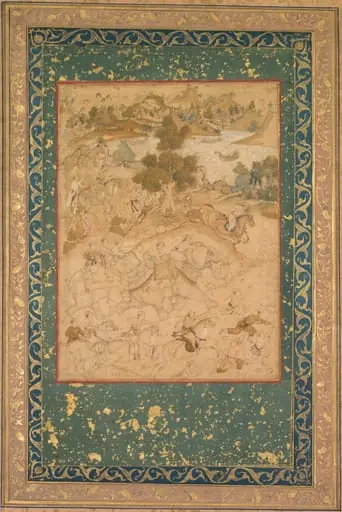Akbar supervising the capture of wild elephants at Malwa in 1564, painting 90 from an Akbar-nama (Book of Akbar) of Abu’l Fazl (Indian 1551–1602), by Farukh Chela