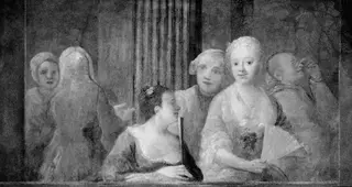 Fashionable Figures, with Two Women Holding Fans