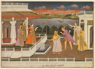 A blindfolded suitor is brought before a princess (recto)