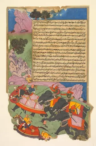 Ghatotkacha and three demons in his company chase Bhagadatta, from Bhishma-parva (volume six) of a Razm-nama (Book of Wars) adapted from the Sanskrit Mahabharata and translated into Persian by Mir Ghiyath al-Din Ali Qazvini, known as Naqib Khan (Persian, d. 1614)
