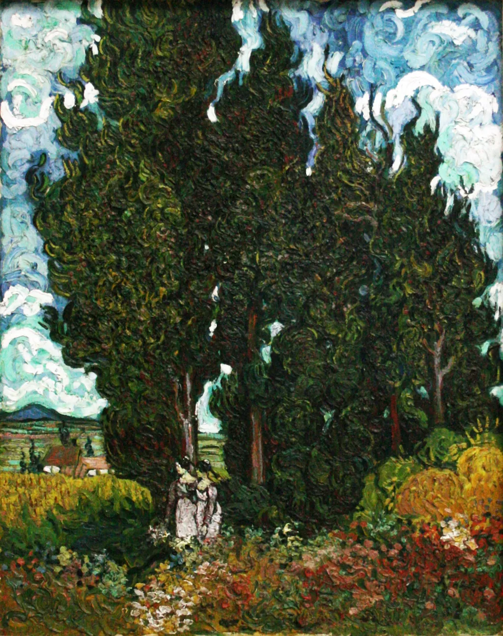 Cypresses with two figures, by Vincent van Gogh, oil, 1889
