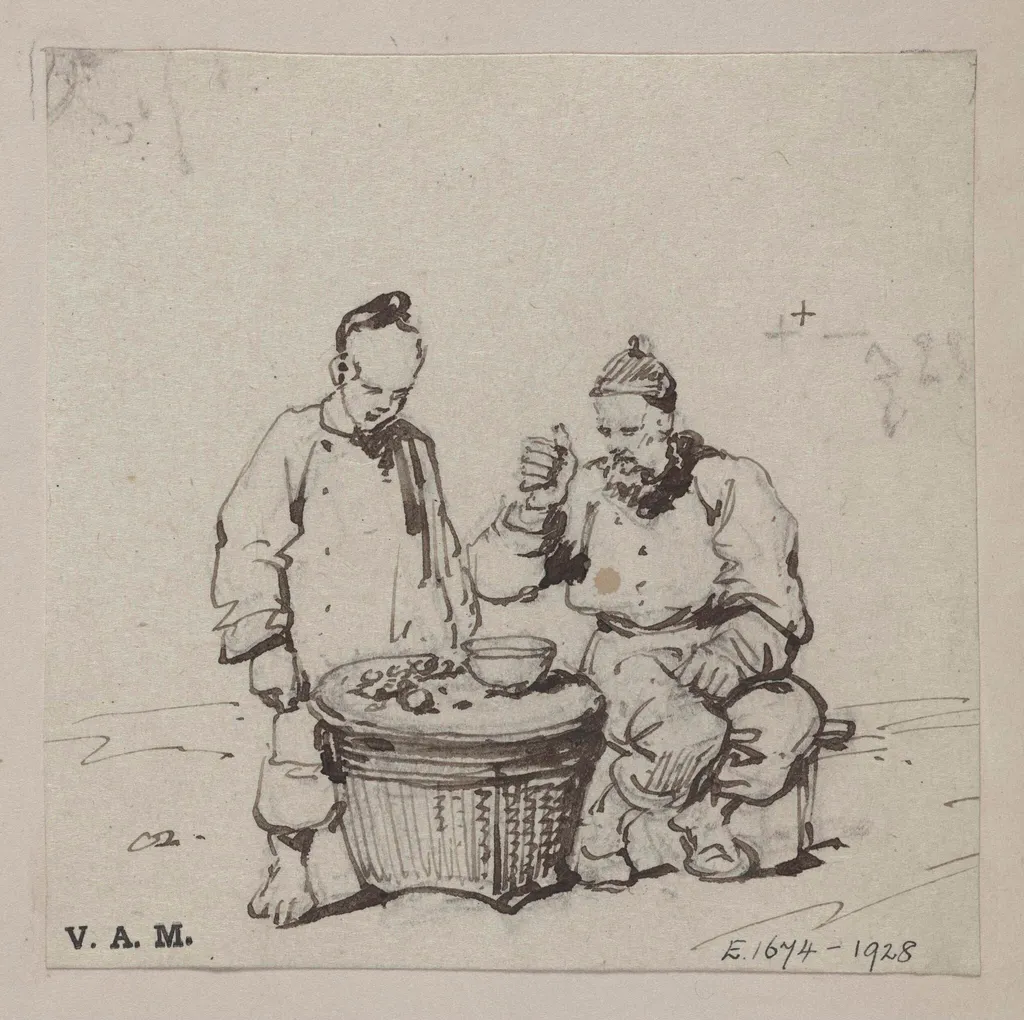 A Chinese man and boy beside a bowl placed on a basket, by George Chinnery, 19