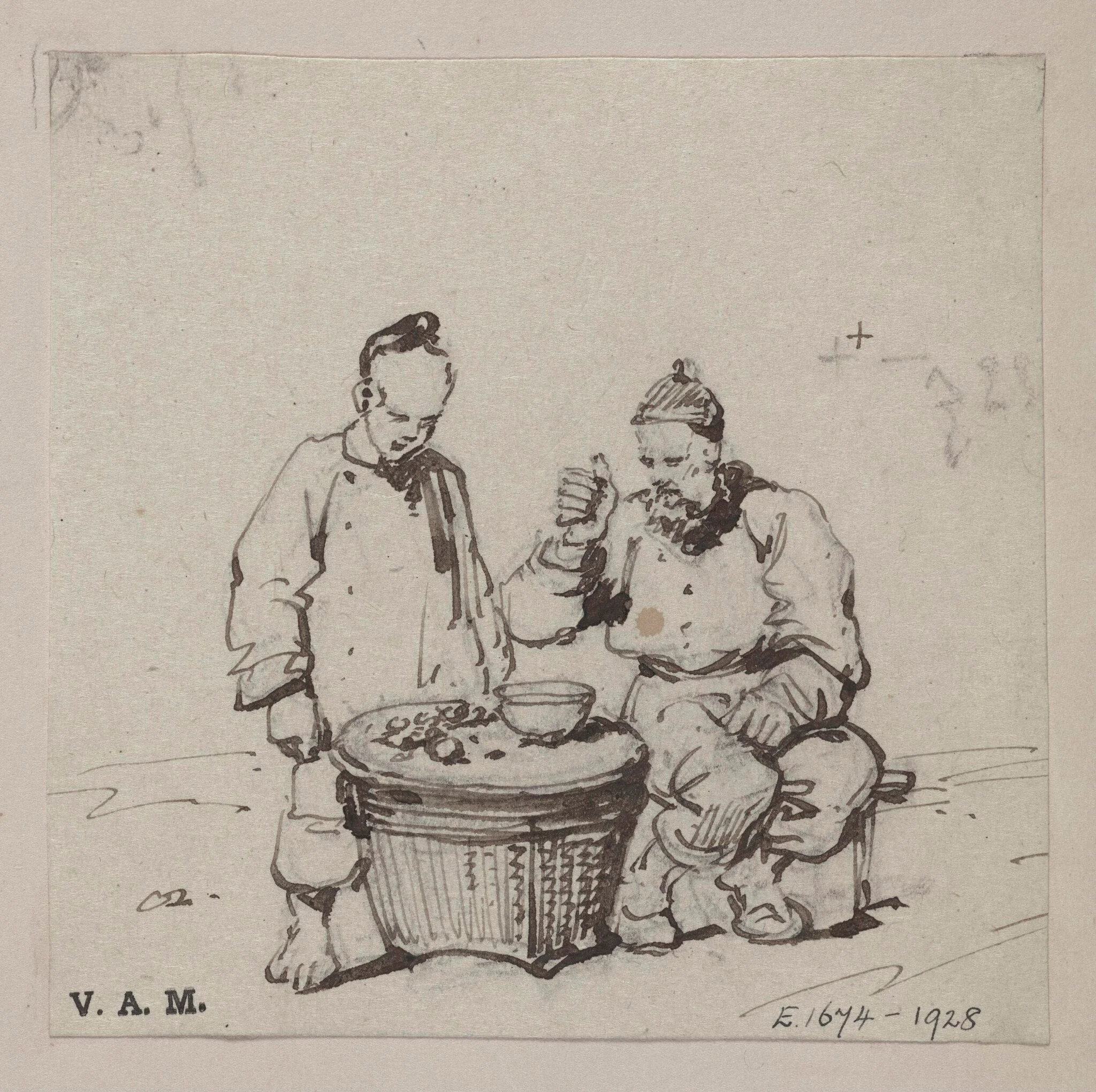 A Chinese man and boy beside a bowl placed on a basket, detail