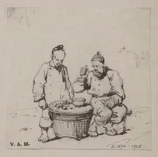 A Chinese man and boy beside a bowl placed on a basket, by George Chinnery, 19