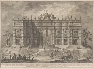 The Seconda Macchina for the Chinea of 1772: A Square with a Game Market and the Pantheon Fountain, by Giuseppe Vasi, ink, 1772