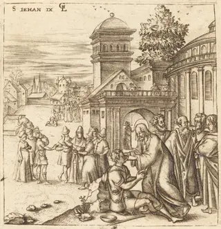 A Man Born Blind Receives Sight, by Léonard Gaultier, ink, 1578